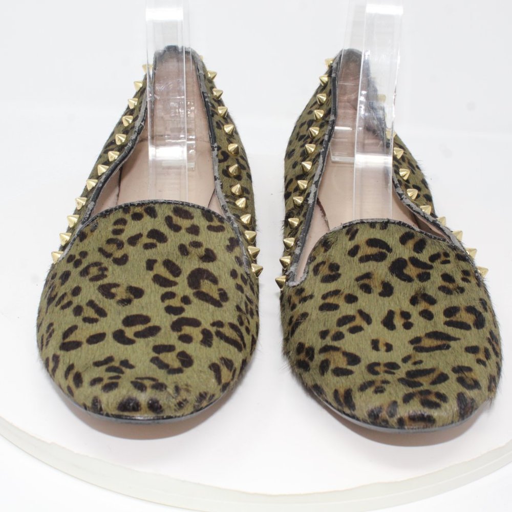 Zara Women Sz 10.5M Pony Hair Leather Green Leopard Print Studded Ballet Flats - Picture 3 of 9
